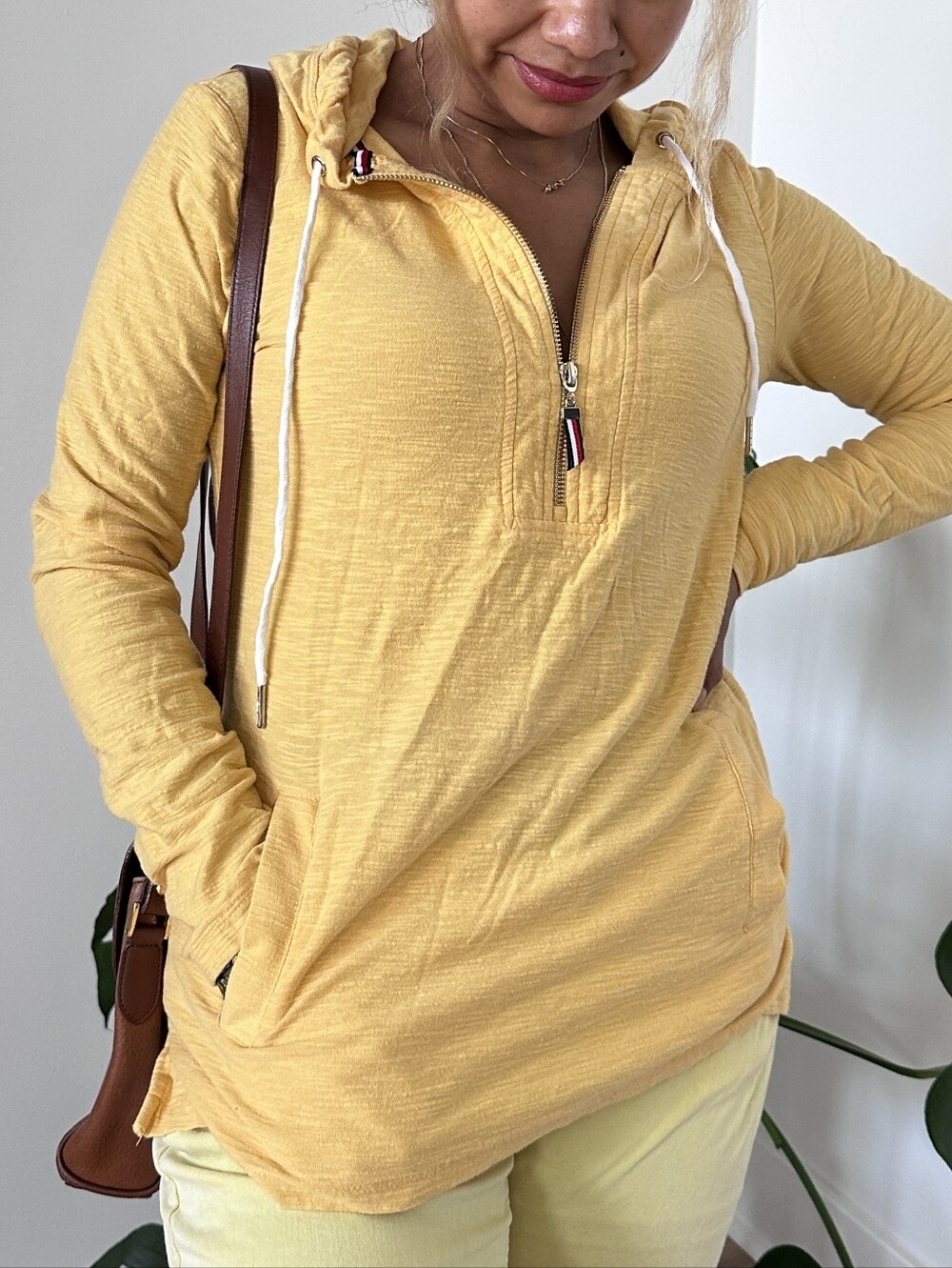 Tommy Hilfiger Coastal Casual Yellow Half-zip Slub Knit Cotton Hoodie Pullover M